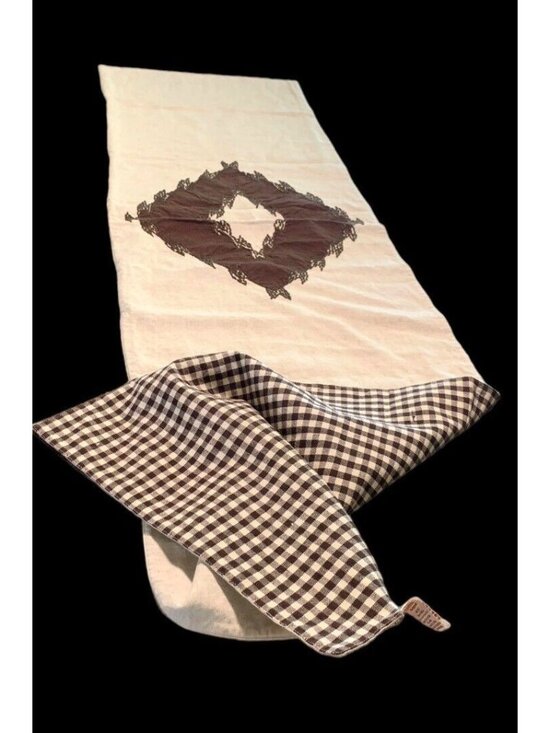 Embroidered Cotton Linen Blend Table Runner 'Ponderosa' Brown Gingham 2 Sided - Picture 1 of 8